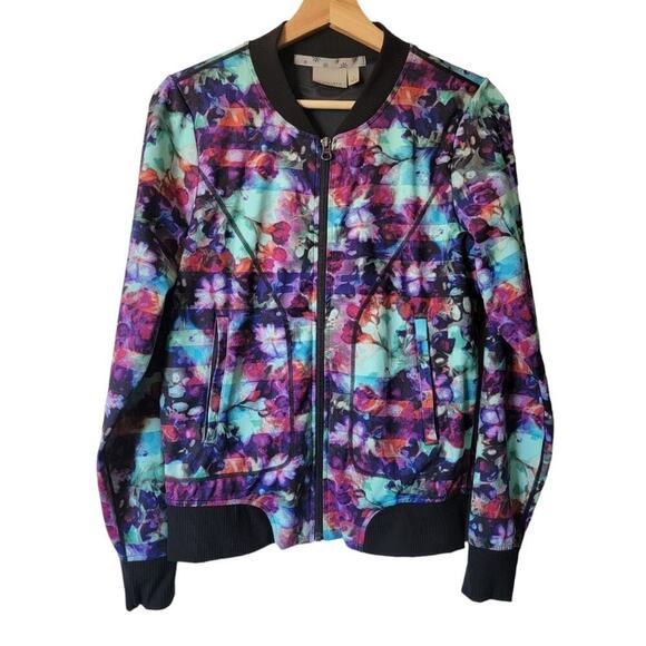 Athleta Watercolor Floral Zipper Front Bomber Coat Jacket With Zipper Pockets- S - Picture 2 of 6